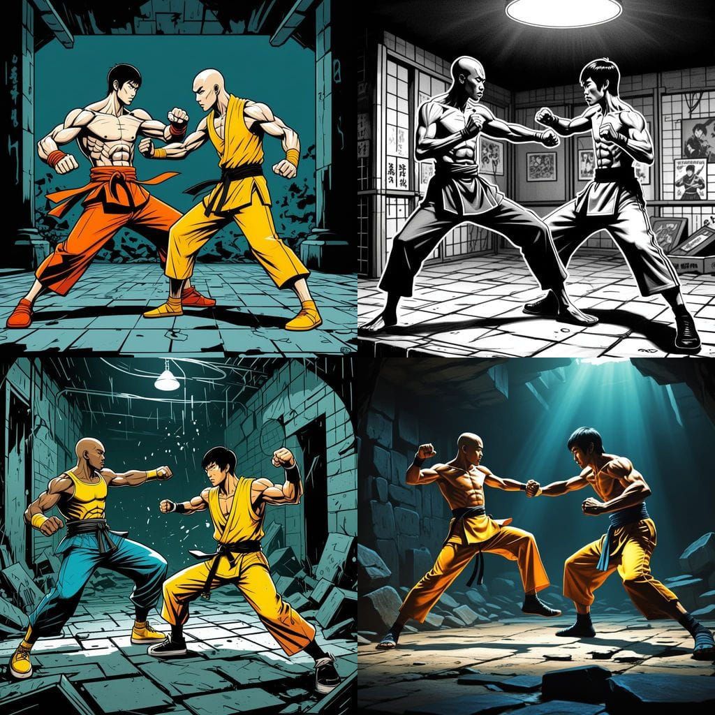 Shaolin Monk vs Bruce Lee in Tim Burton Comic Style