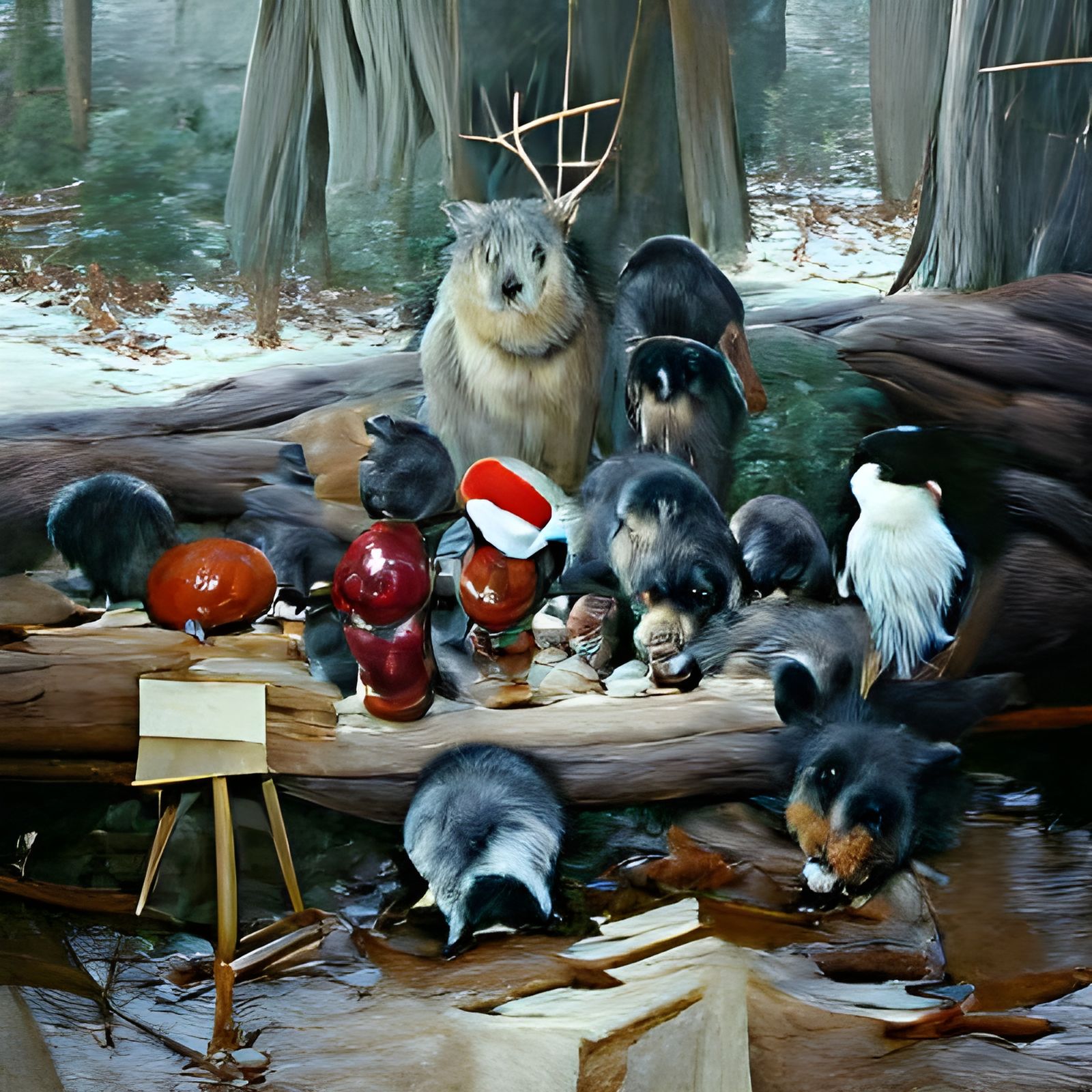 Woodland Creatures Nativity Scene as Oil Painting