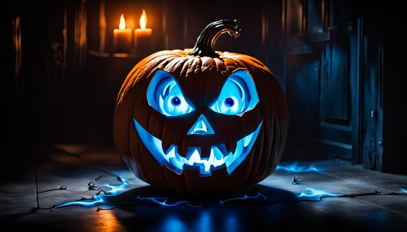 Blue Flame Pumpkin in Spooky Dark Room