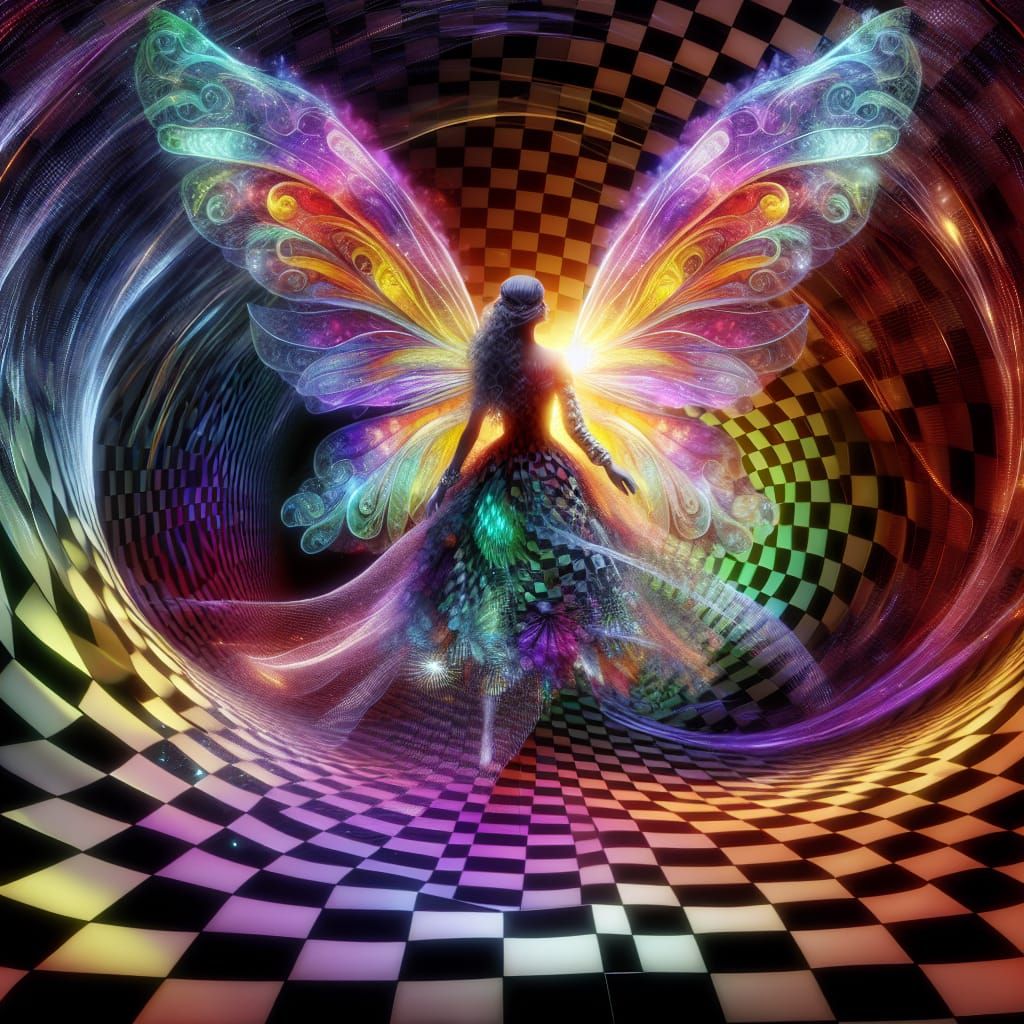 Ethereal Woman Emerges from Checkered Tunnel in 8K