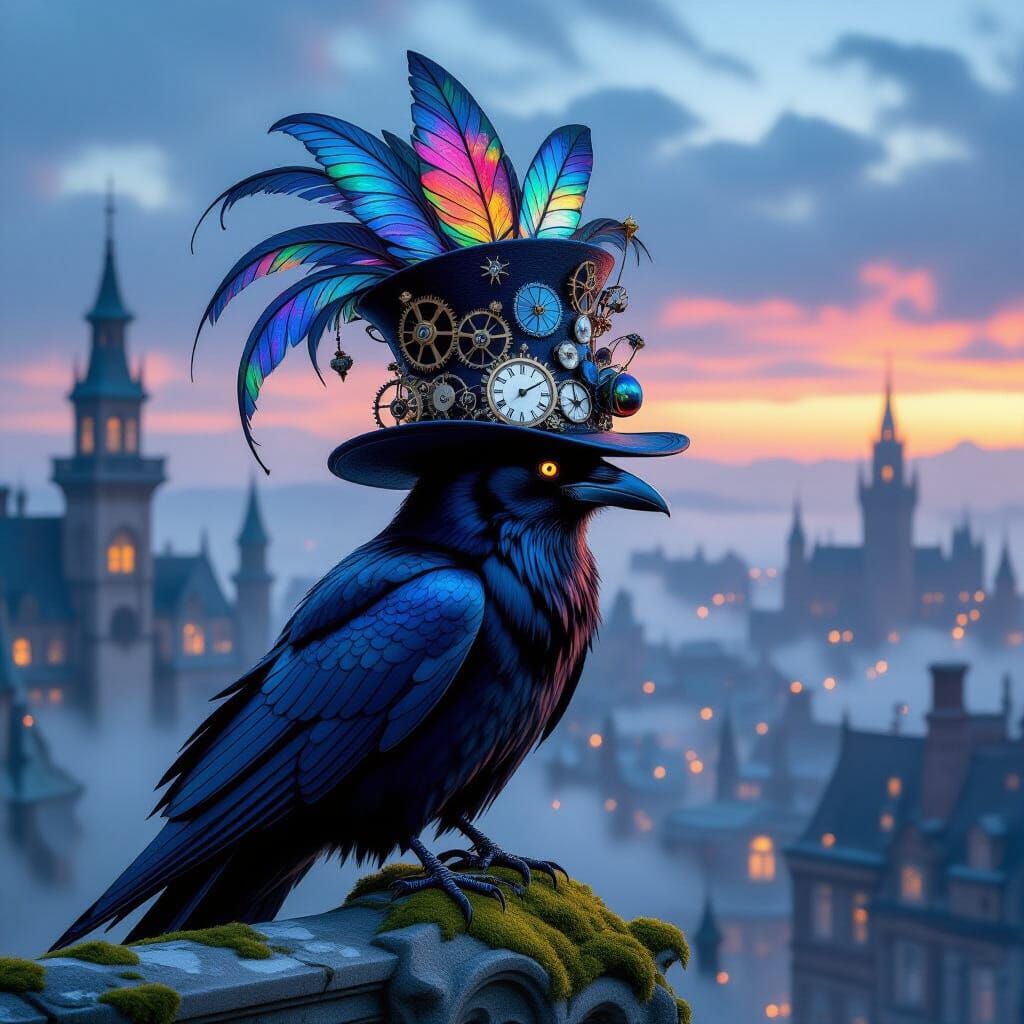 Regal Crow in Beetle Wing Hat on Gargoyle, Victorian City