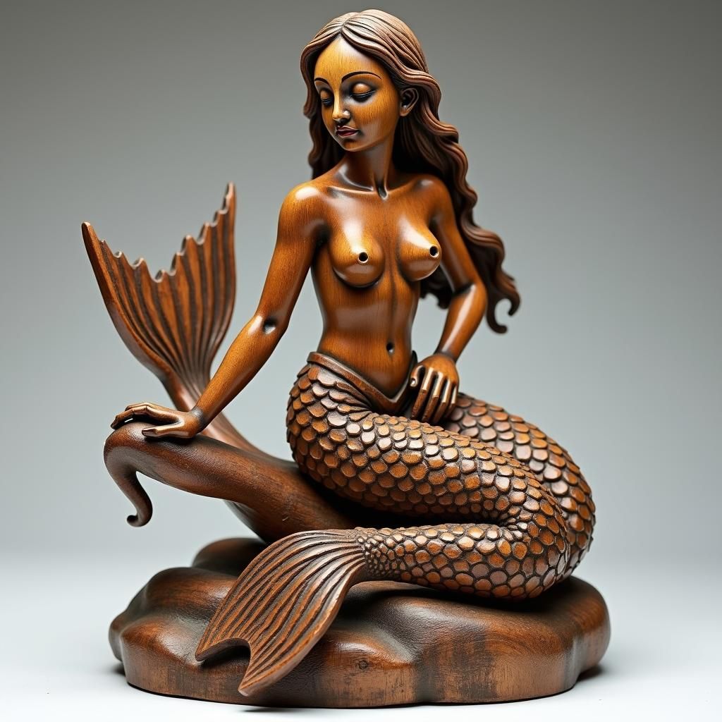 Intricate Wooden Mermaid Sculpture in Art Nouveau Style