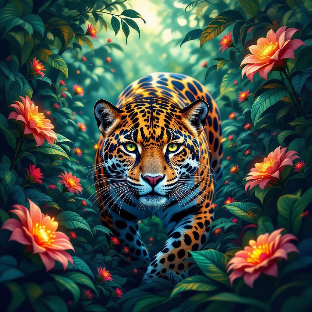 Golden Jaguar in Fractal Jungle, Surreal Art