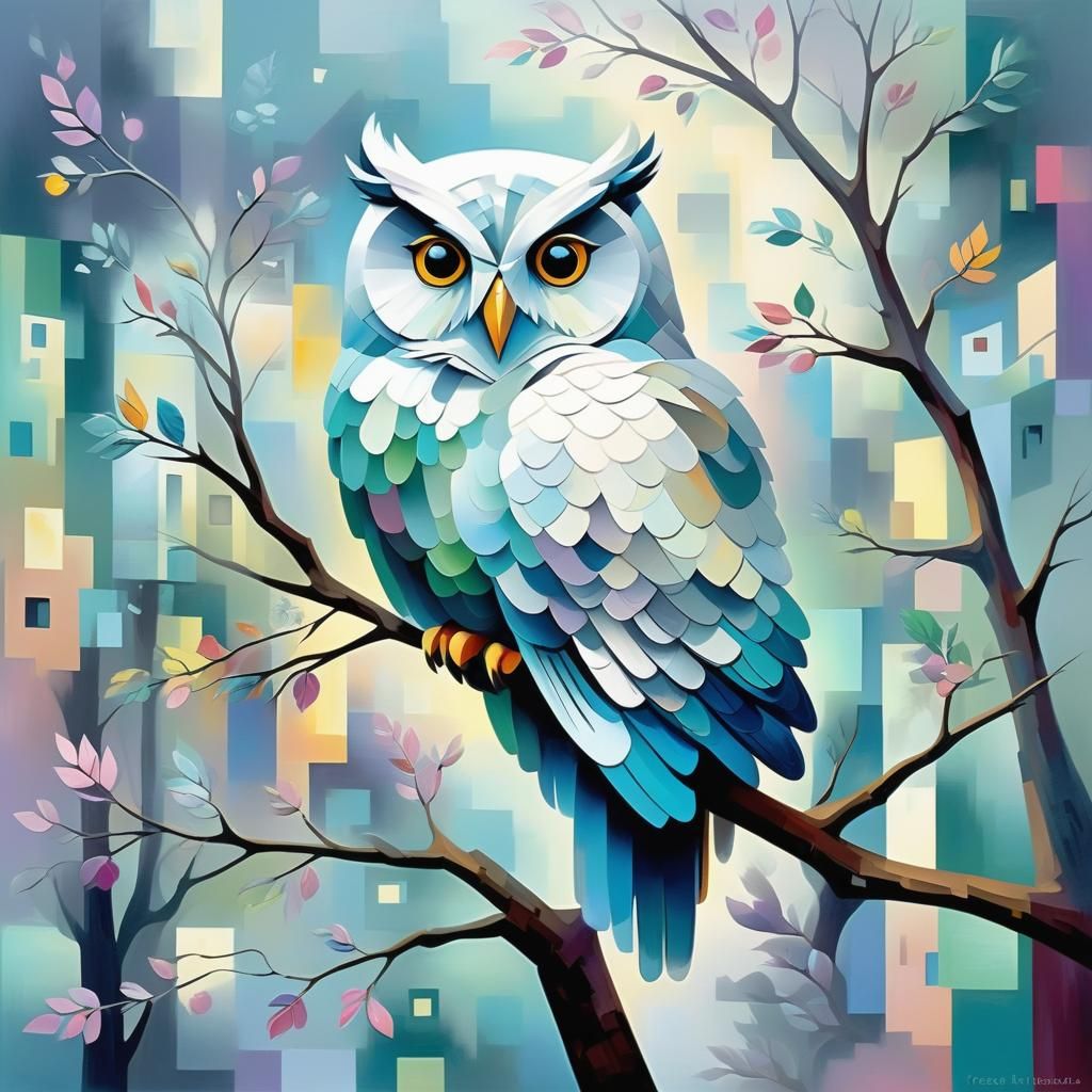 Cubist Owl in Colorful Picasso Style Scenery