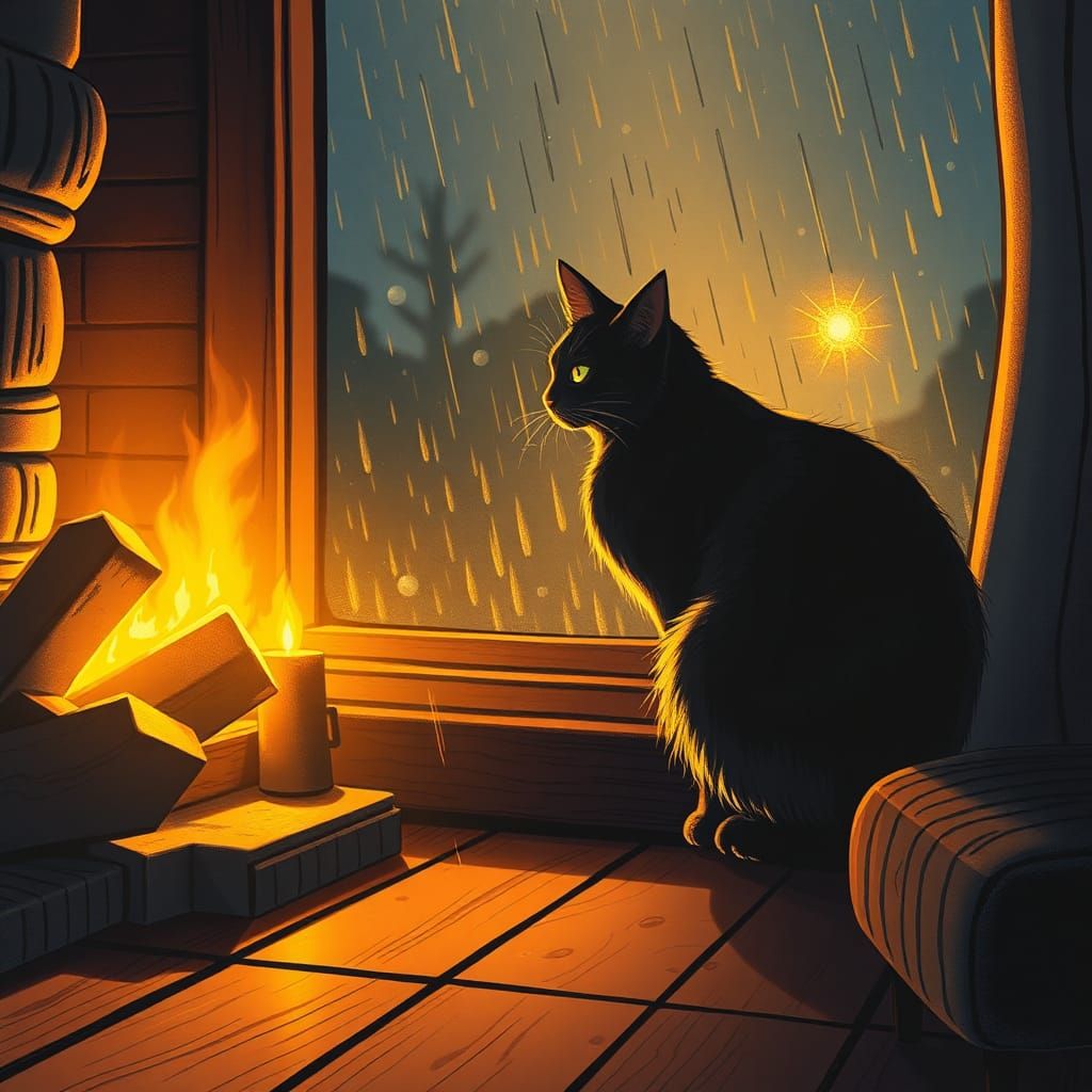 Cozy Firelit Room Woodcut with Cat at Window