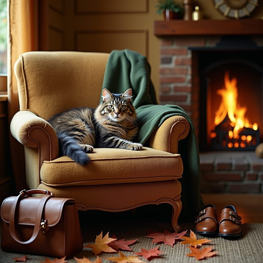 Cat Lounging in Autumnal Comfort: A Cinematic Still
