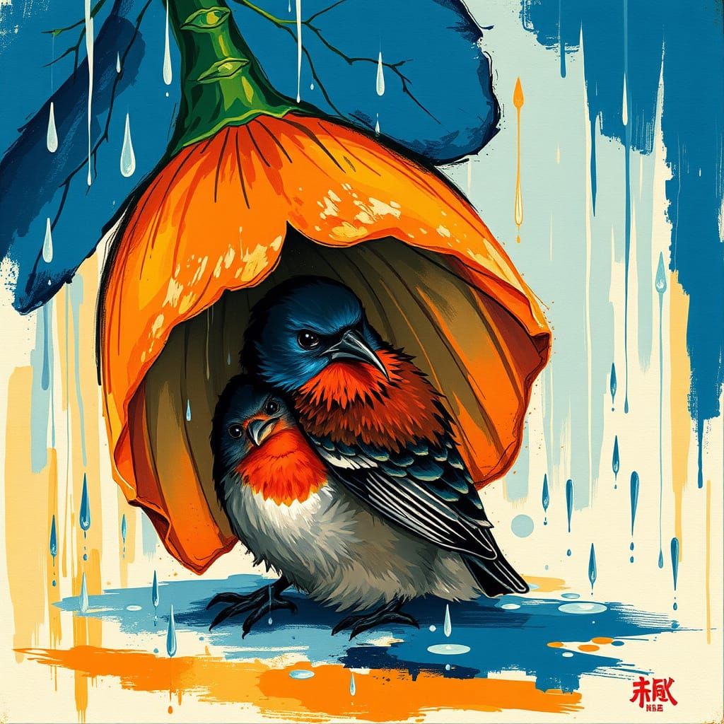 Bird Family Shelters Under Flower, Abstract Art