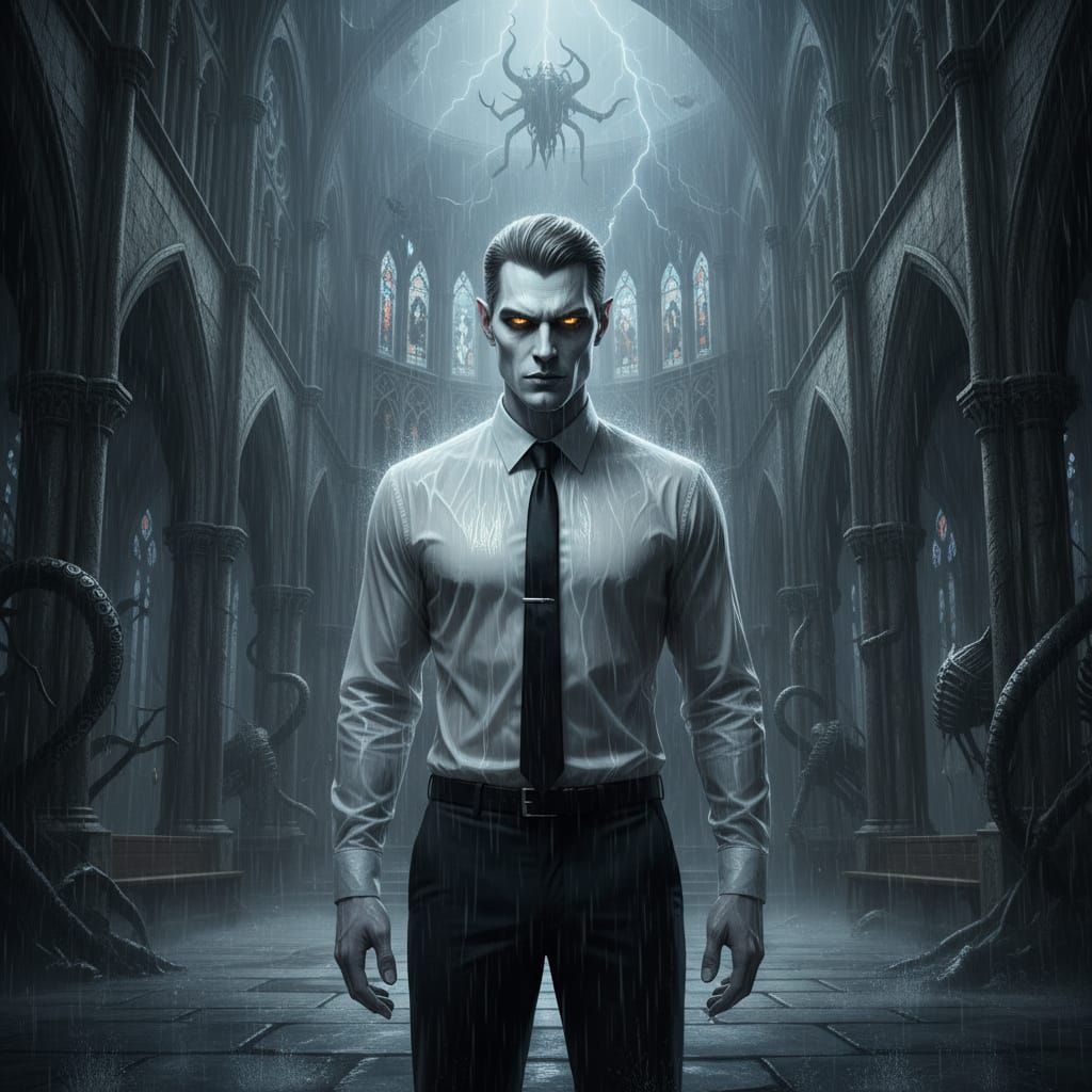 Gothic Vampire in Stormy Cathedral, Dark Art