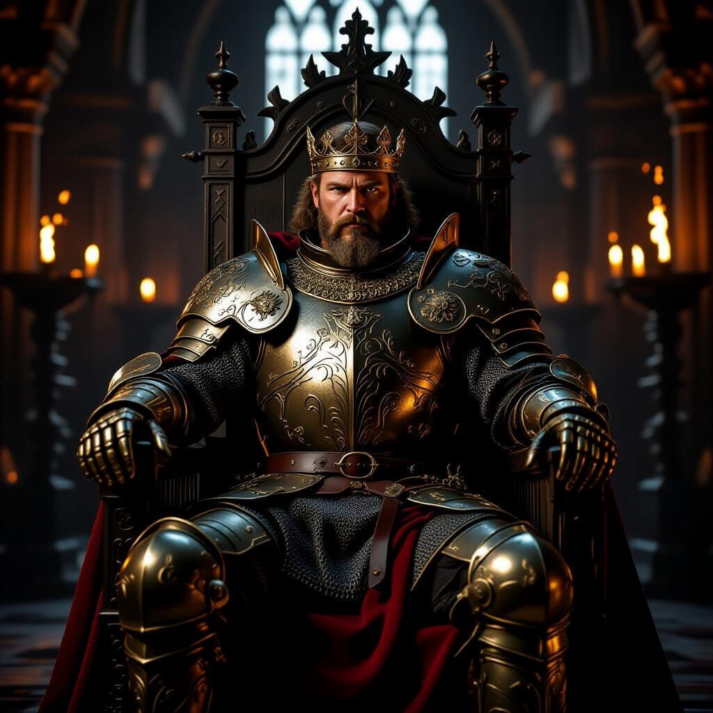 Medieval King on Dark Throne in Torchlit Castle