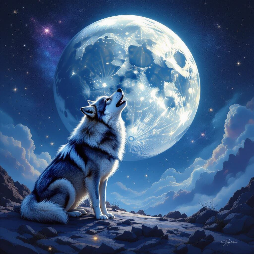 Cosmic Wolf Howling at Shattered Moon
