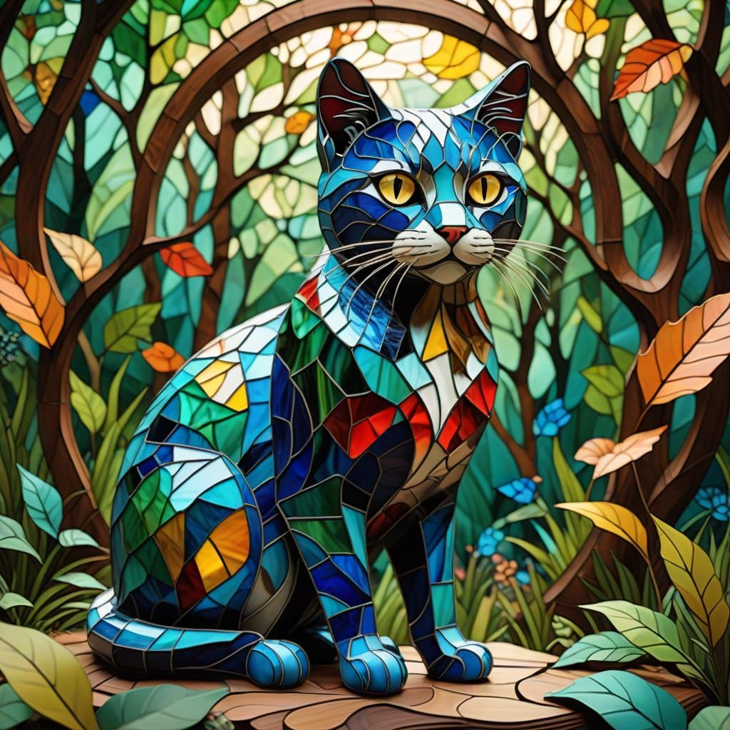 Vibrant Stained Glass Cat in Woodland Wonderland