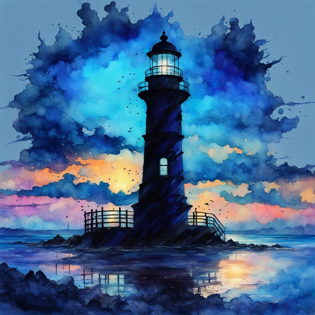Blue Sunset Lighthouse Seascape in Fantasy Watercolor Style