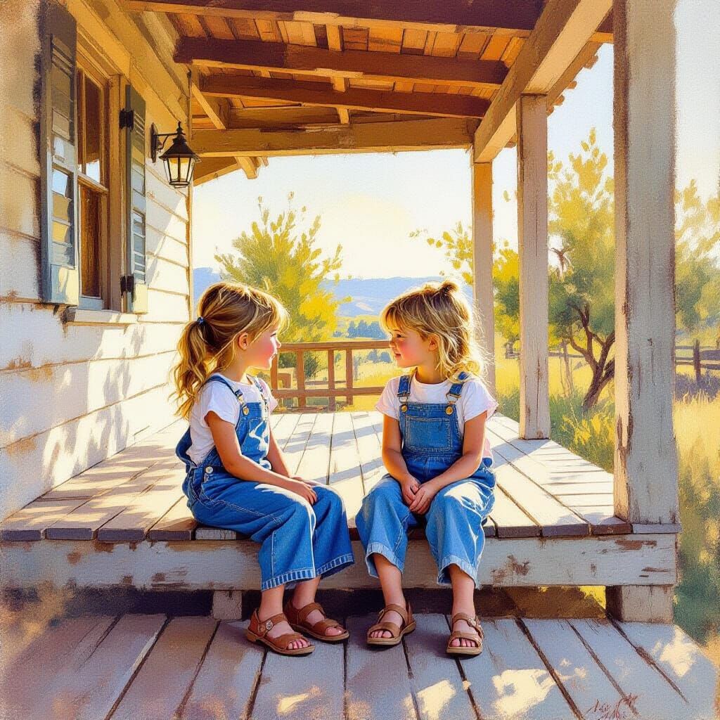Girls on California Ranch Porch in Watercolor Style