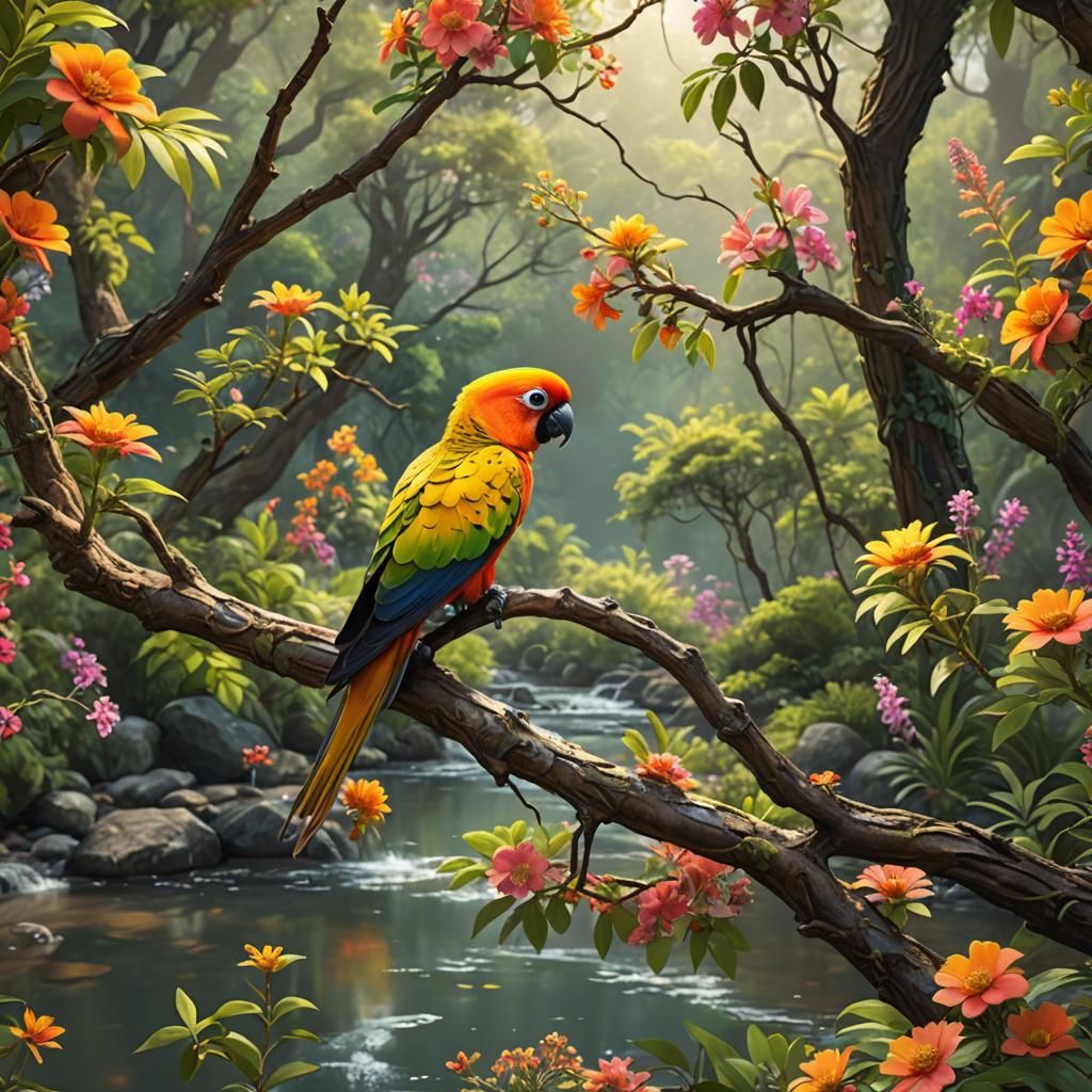 Sun Conure in Fantasy Landscape, Hyper-Realistic Digital Art
