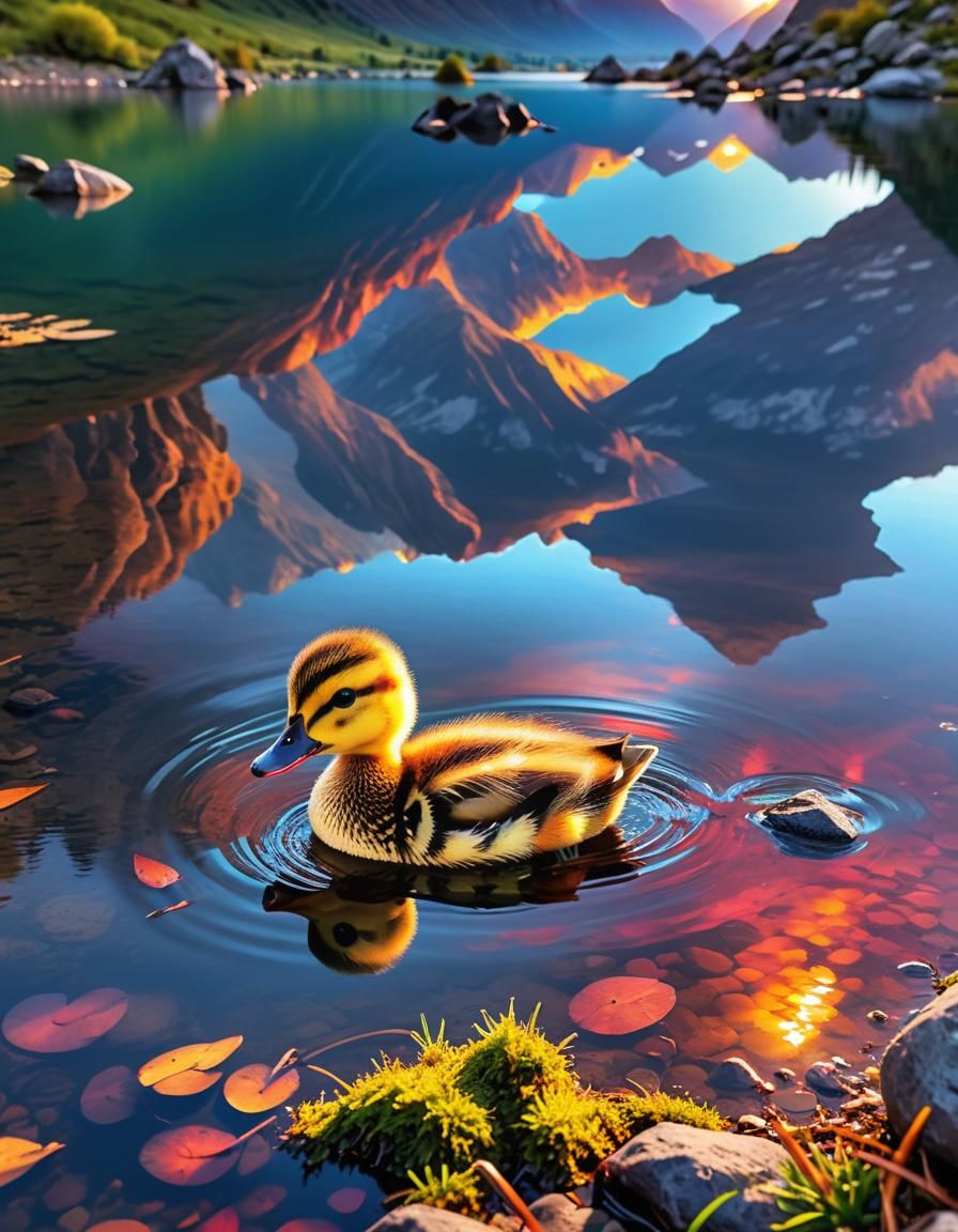 Duckling in Mountain Lake Sunset Reflection