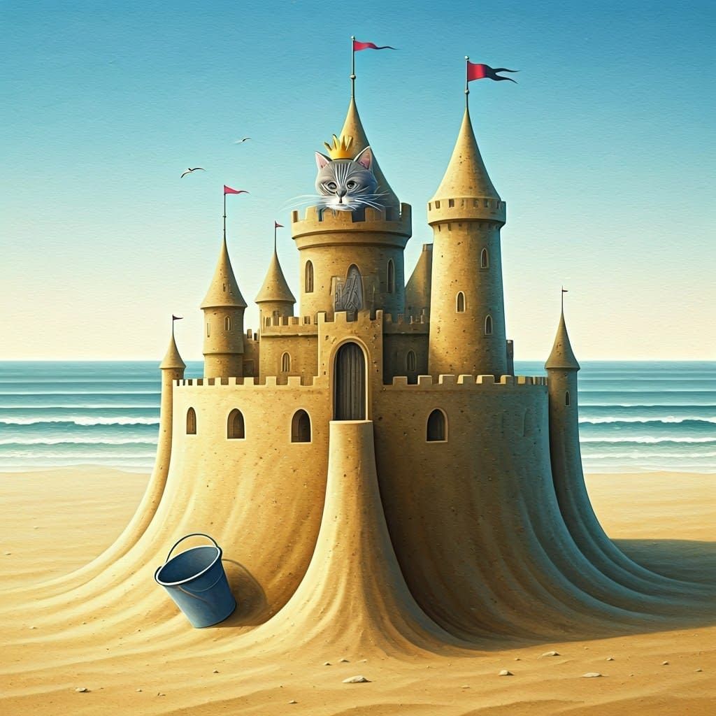 Grey Cat King of the Sandcastle, Watercolor