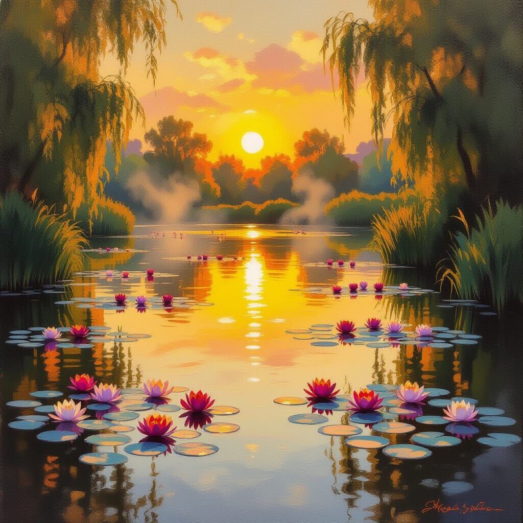 Golden Pond at Sunset with Waterlilies