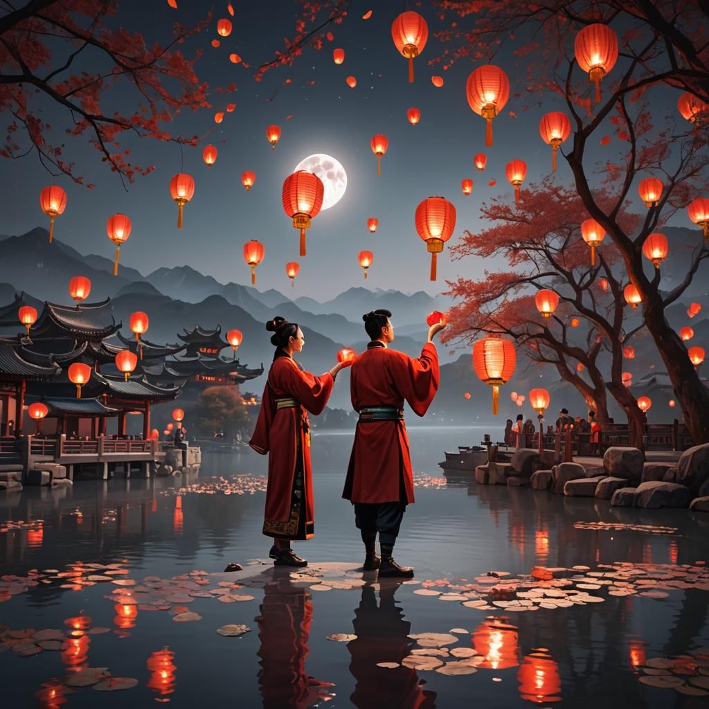 Lantern Festival: Couple Releasing Lanterns Under Full Moon