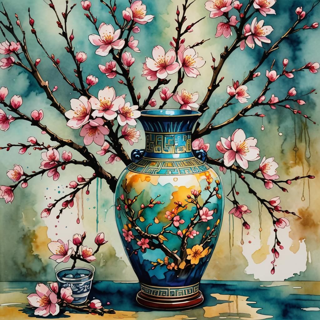 Cherry Blossoms in Vase, Watercolor and Ink