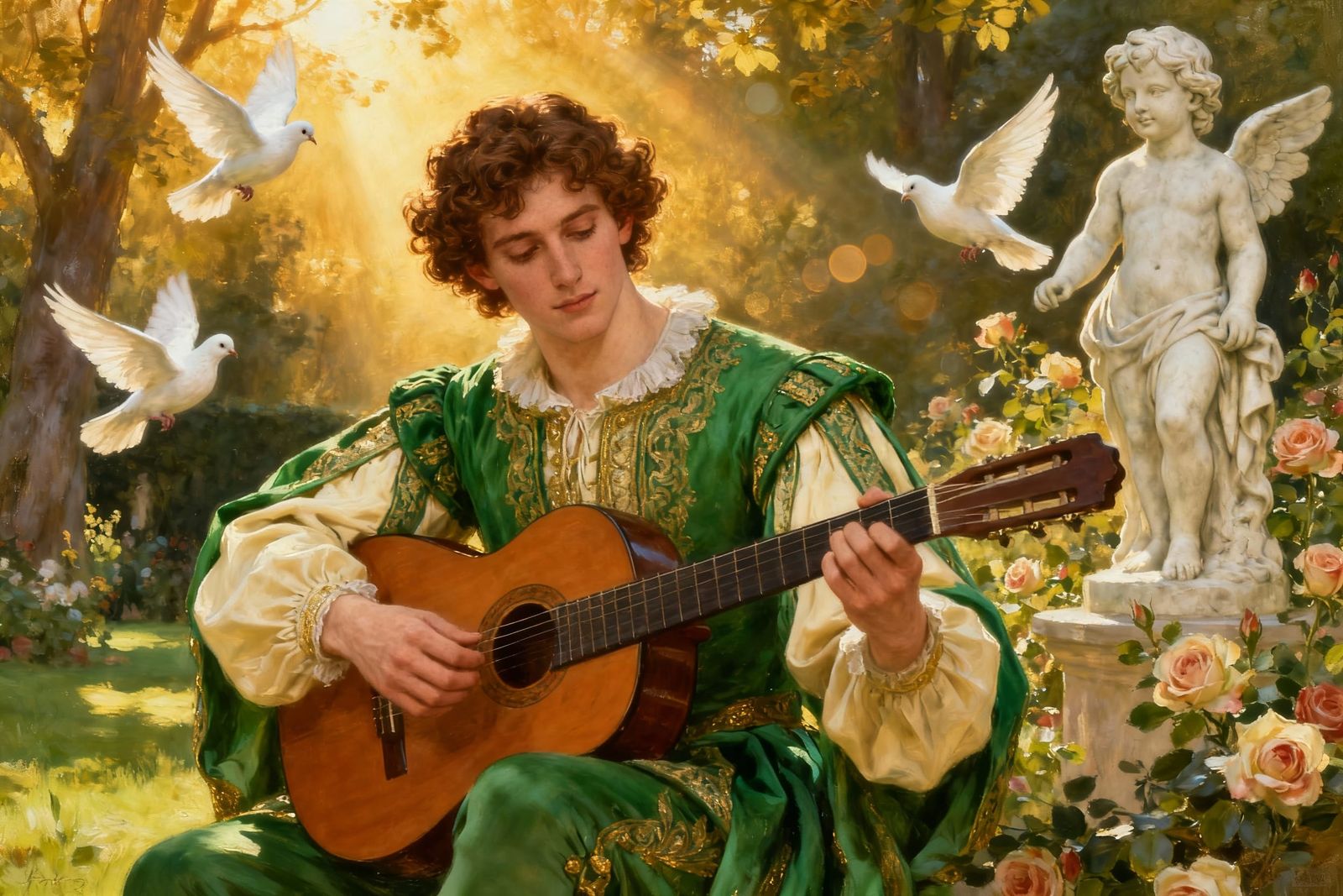 Renaissance Musician Playing Guitar in Sunlit Garden