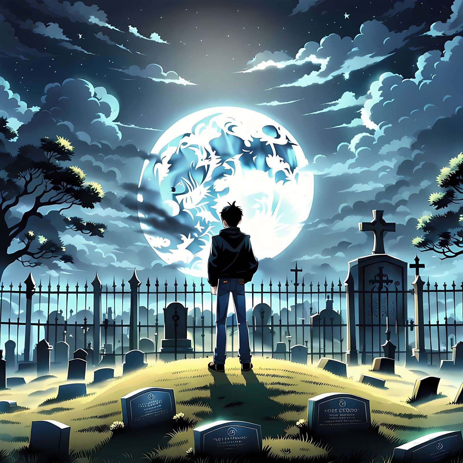 Noir Anime Figure in Graveyard Under Moonlight