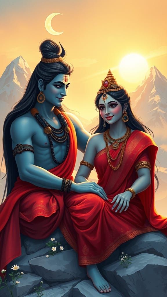 Shiva and Parvati on Mount Kailash in Animation Style