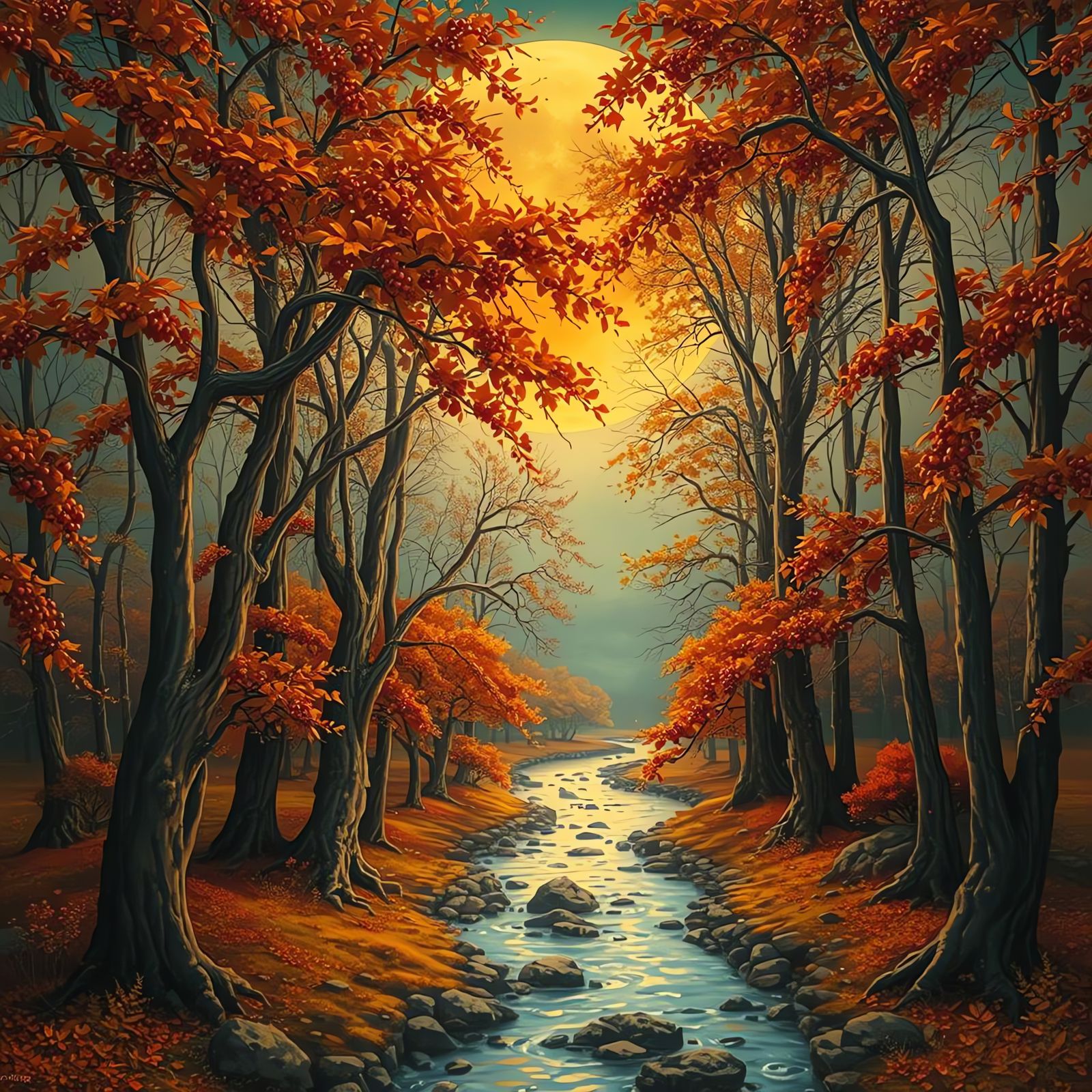 Autumnal Art Nouveau Landscape in Hyperrealistic Collage