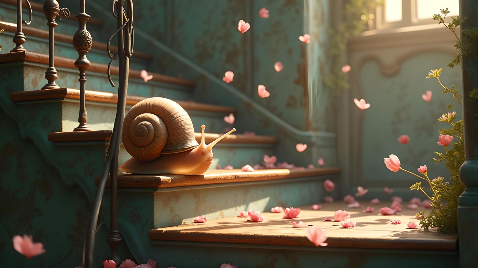 Snail's Descent on Floral Staircase