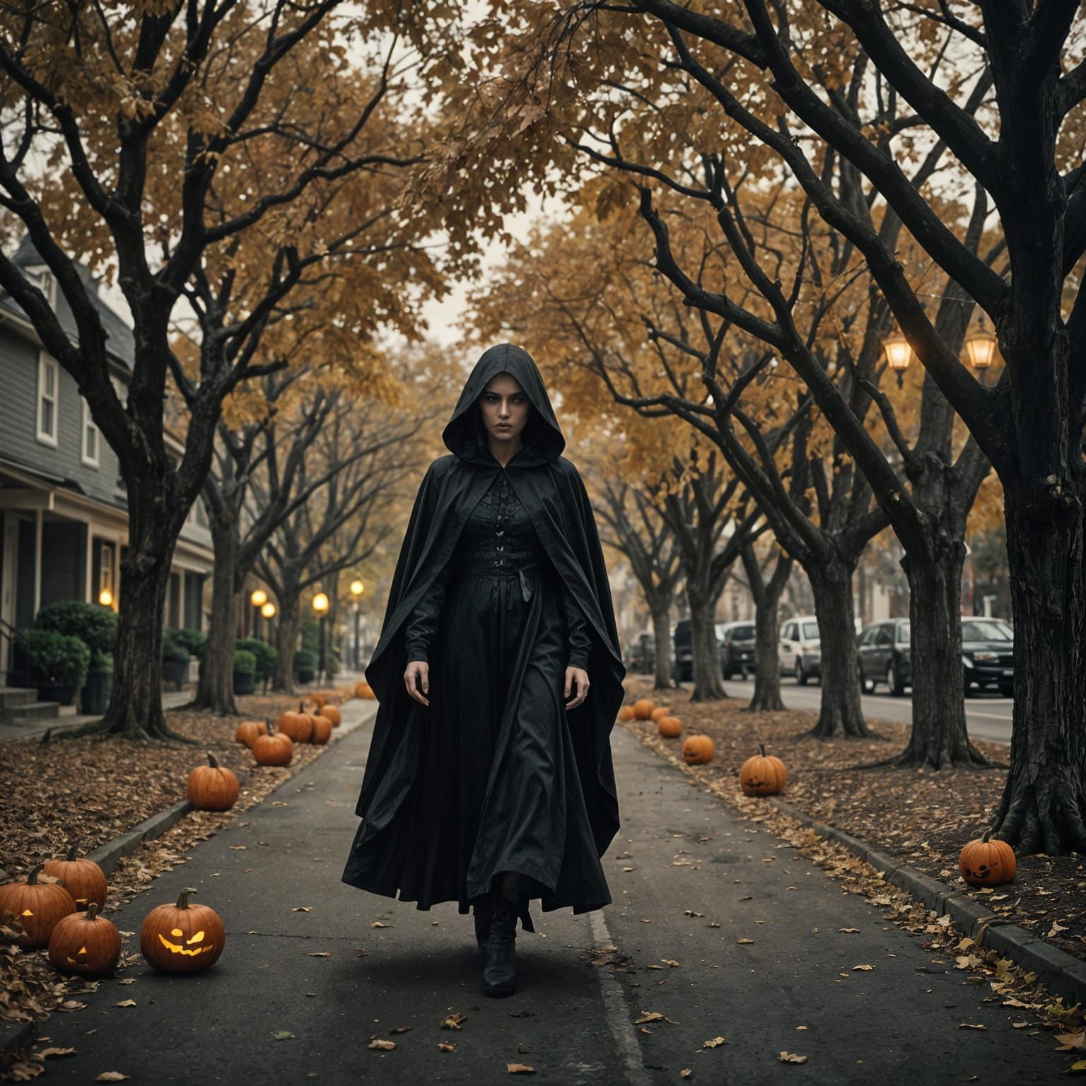 Vampire Woman in Reaper Coat on Suburban Street