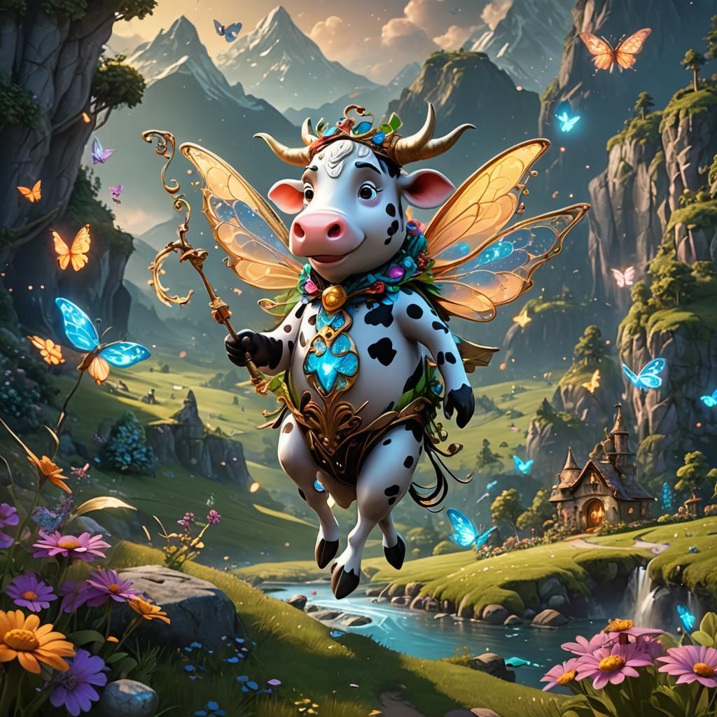 Cow Fairy Flies Over Magical Landscape