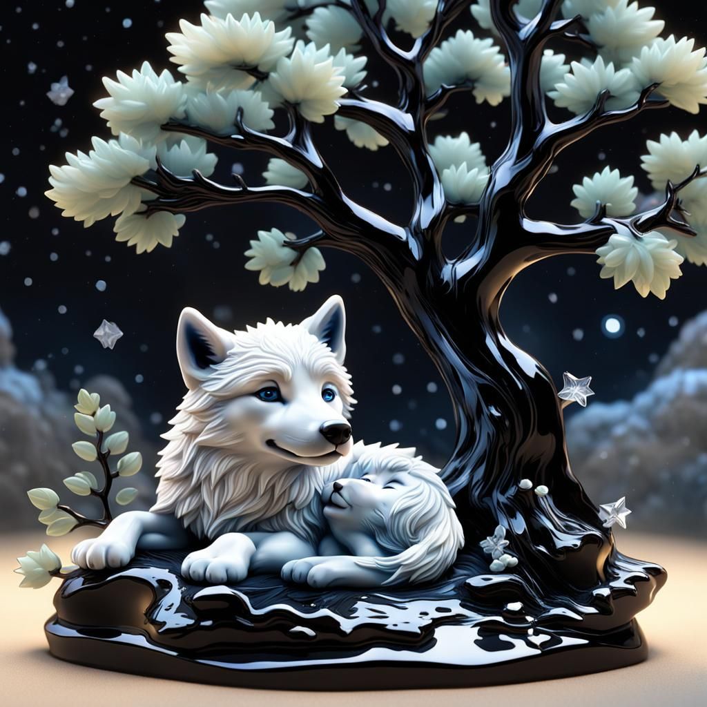 Wolf Cubs Stargazing: Enameled Glass Figurines in 3D