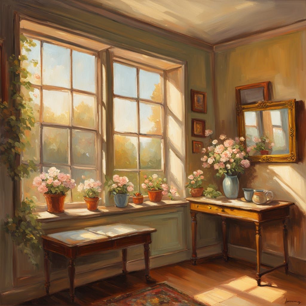 Cozy Room with Flowers: Impressionistic Oil Painting