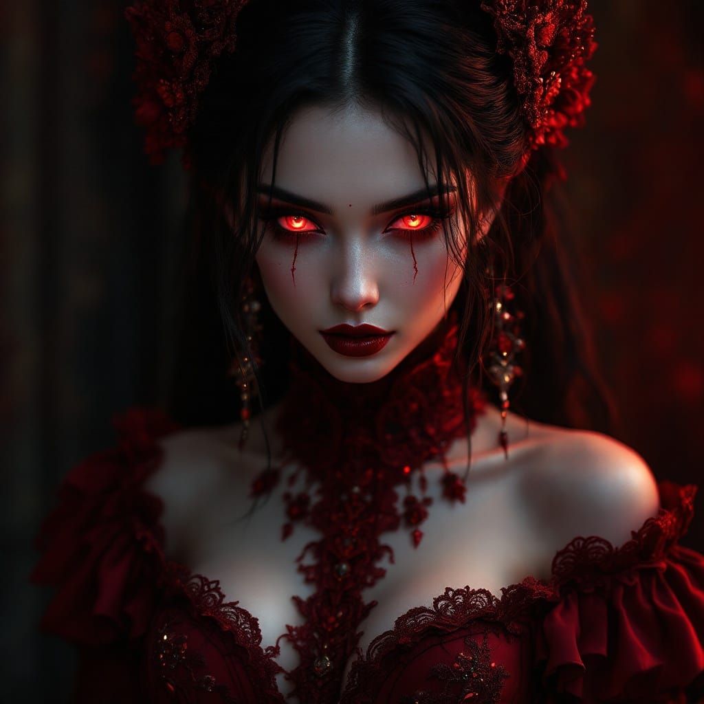 Ethereal Crimson Goddess with Baroque Gothic Details