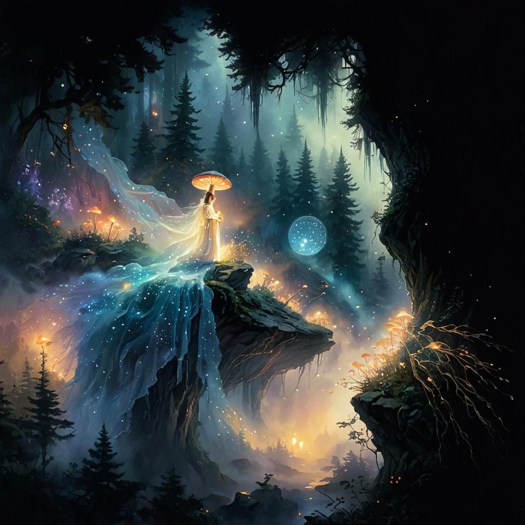 Ethereal Forest with Glowing Mushrooms in Watercolor Style