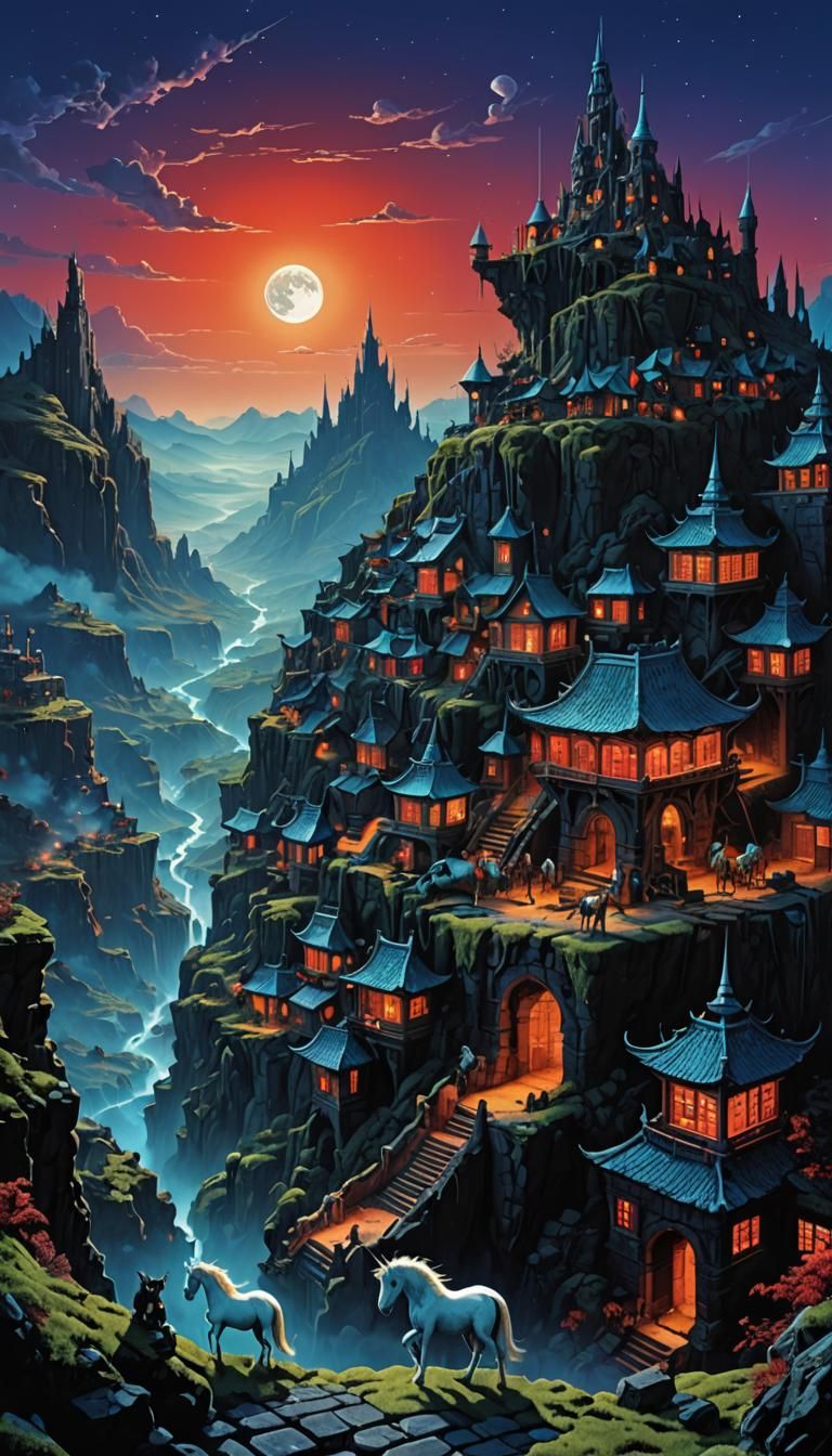 Terraced Mythical Architecture with Bioluminescent Details