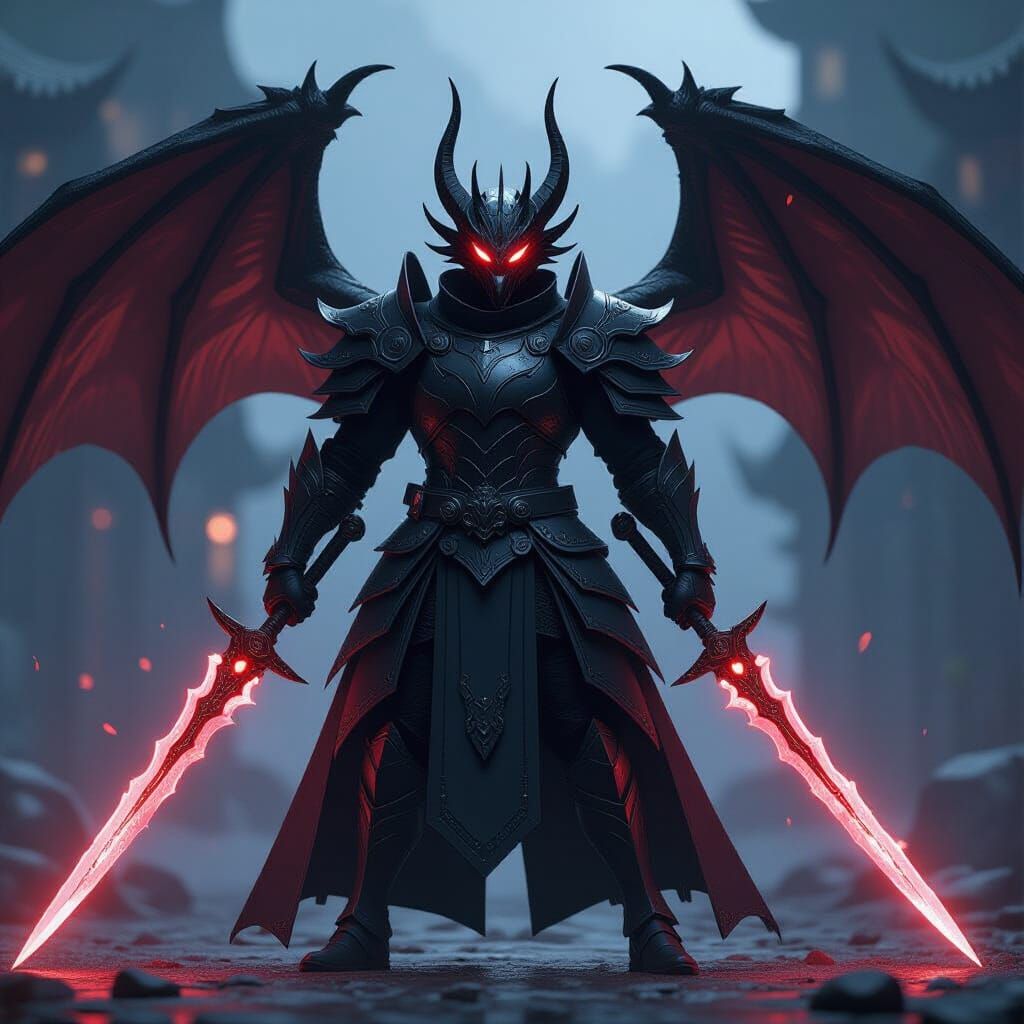 Black Dragon with Red Energy Swords in Obsidian Armor