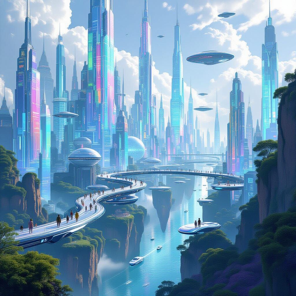 Futuristic City of Iridescent Spires and Gardens