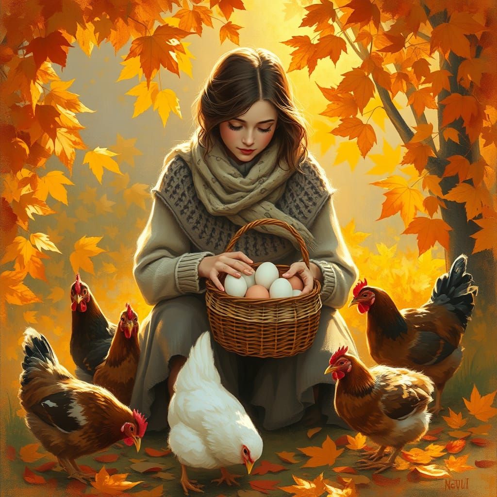 Autumnal Woman Gathering Eggs with Chickens: Impressionist S...