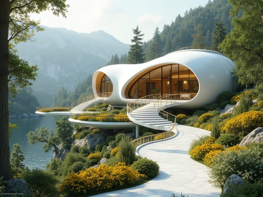 Futuristic White and Gold House with Lush Gardens