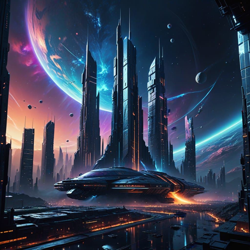 Surreal Futuristic Metropolis in Orbit, Hyperrealistic Sci-F...