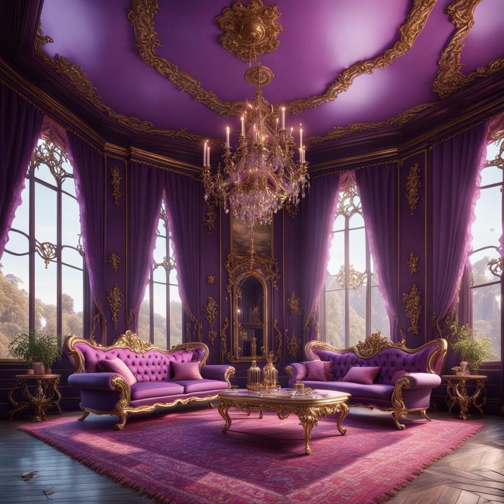 Opulent Rococo Gothic Sitting Room in Pink and Purple