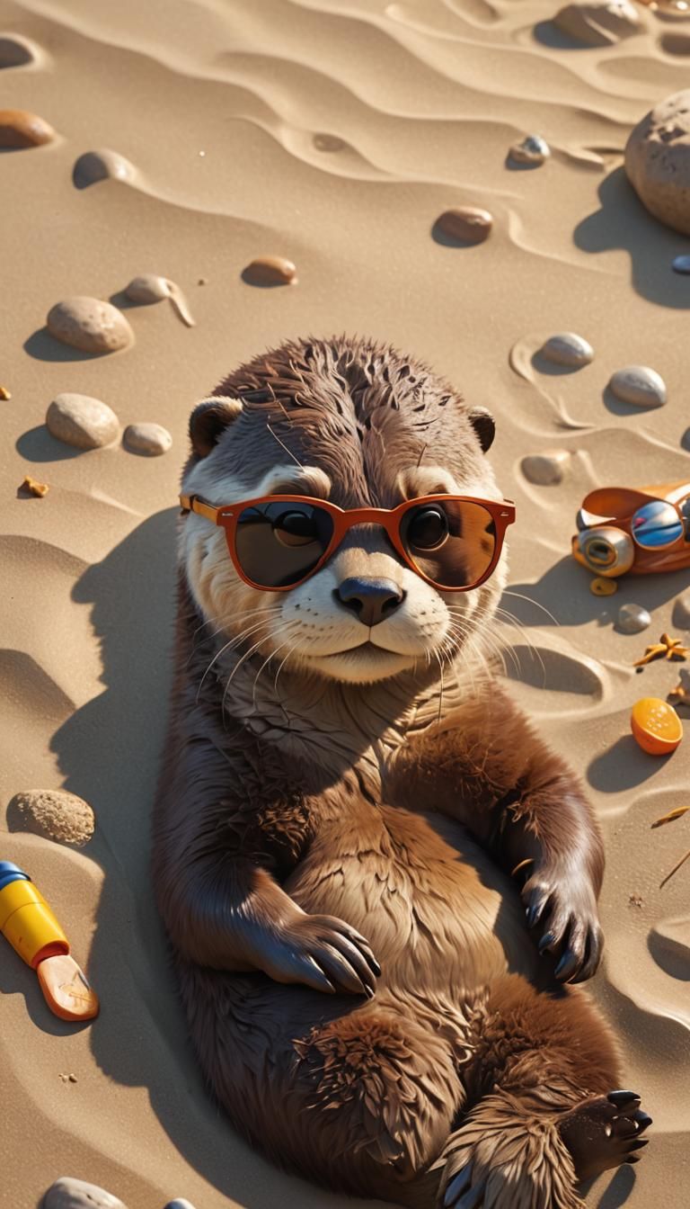 Cool Otter Lounging on Beach in Pixar Style