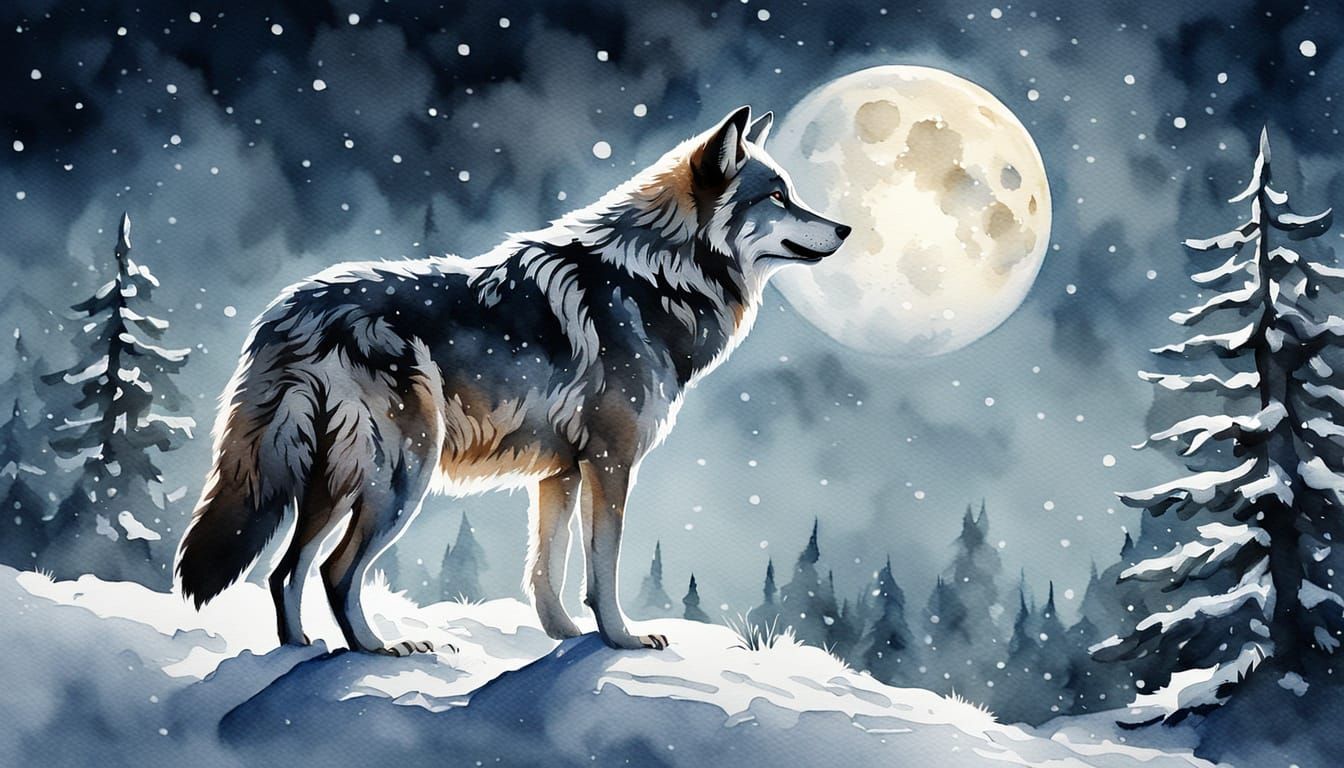 Wolf Howling at Moon in Watercolor Style