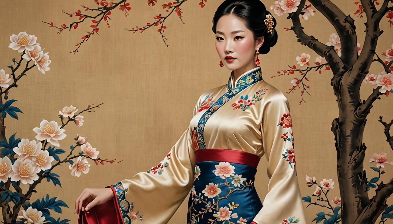 Woman in Qipao: Photorealistic Tonalism Painting