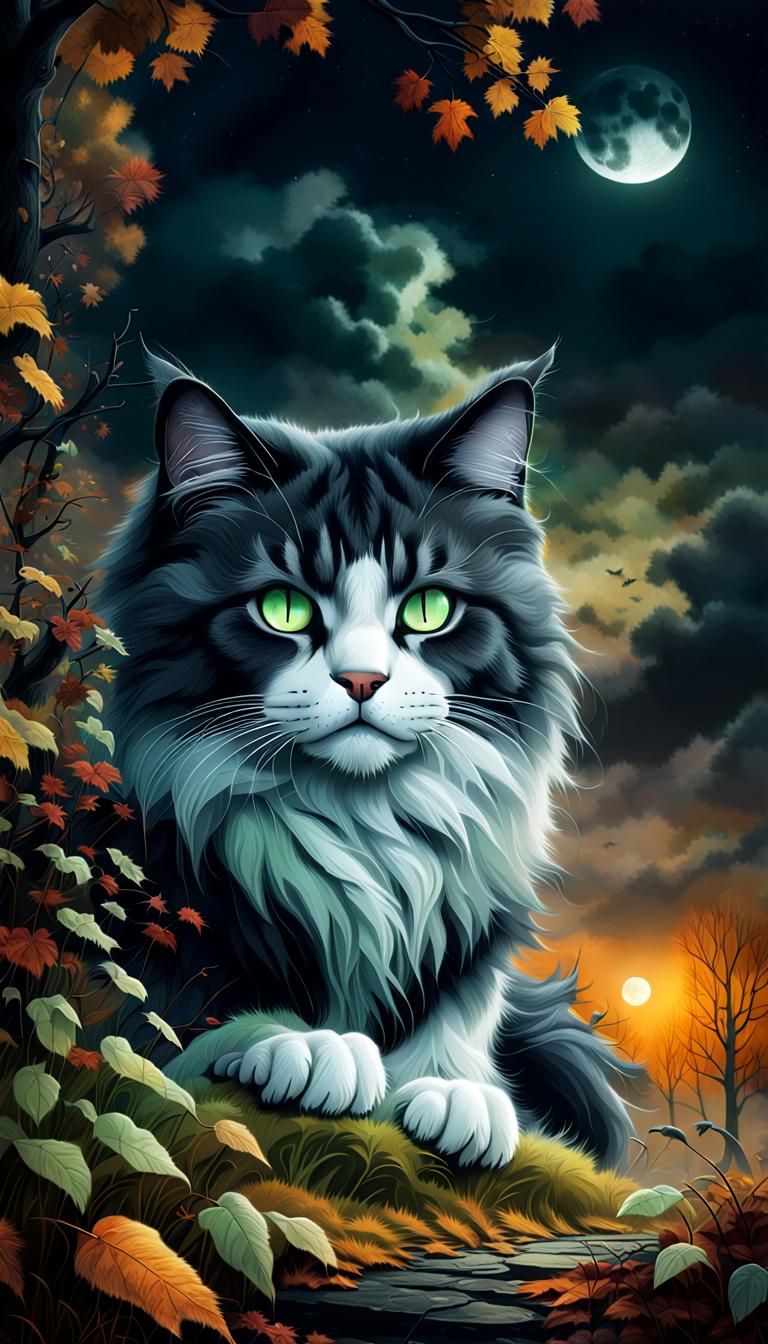 Monochrome Furry Cat Under Hunter's Moon, Matte Painting
