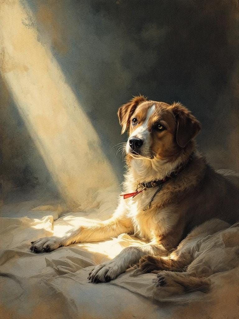 Dog in Sunlight: Dramatic Chiaroscuro Watercolor Painting