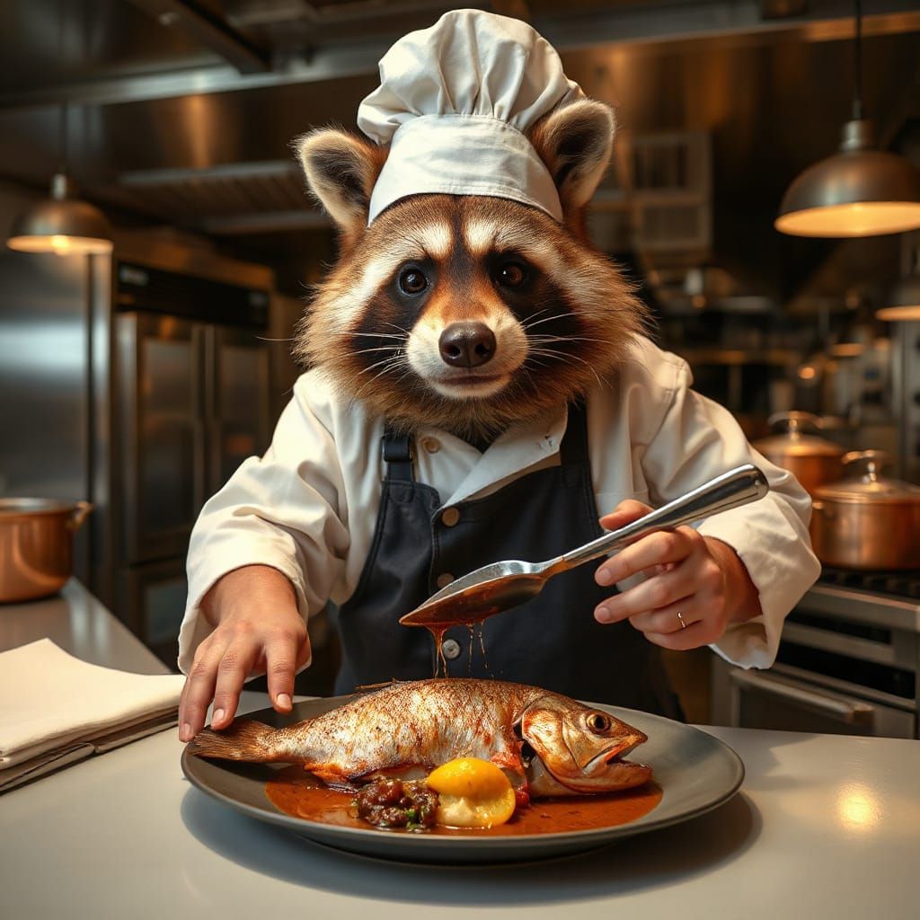Raccoon Chef Prepares Gourmet Meal