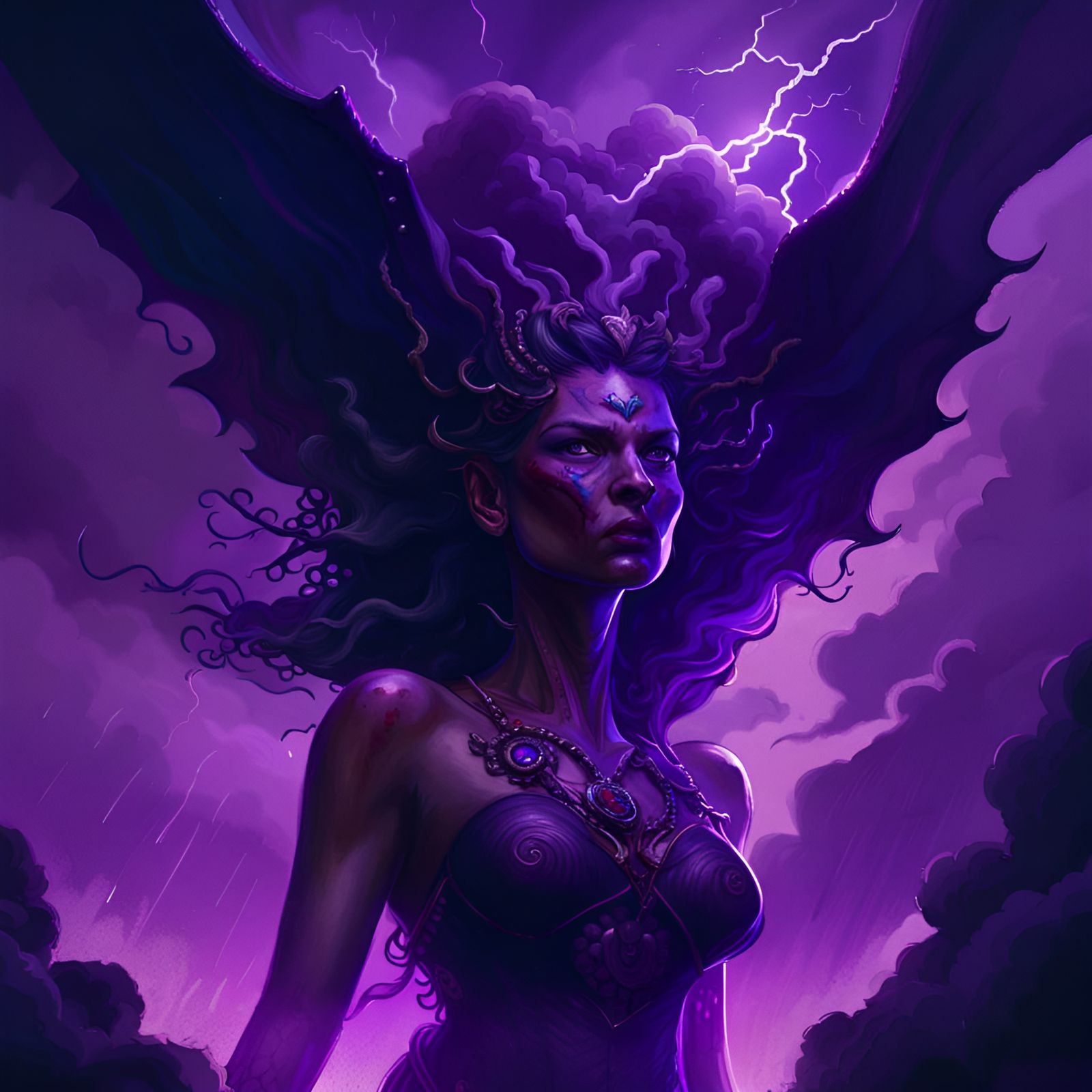 Lovecraftian Demon in Purple Sky, Dark Fantasy Art