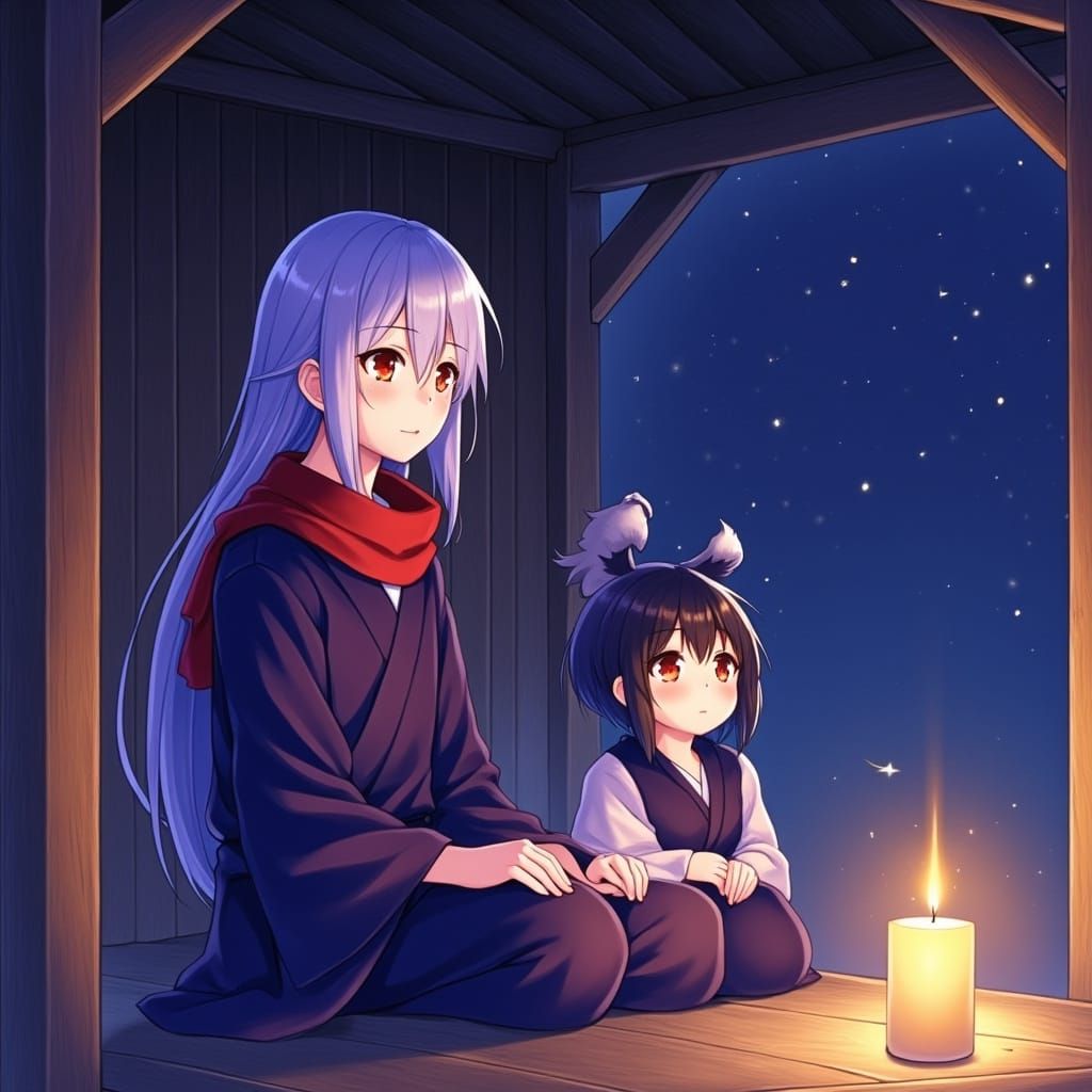 Surreal Anime Scene with Silver-Haired Musician