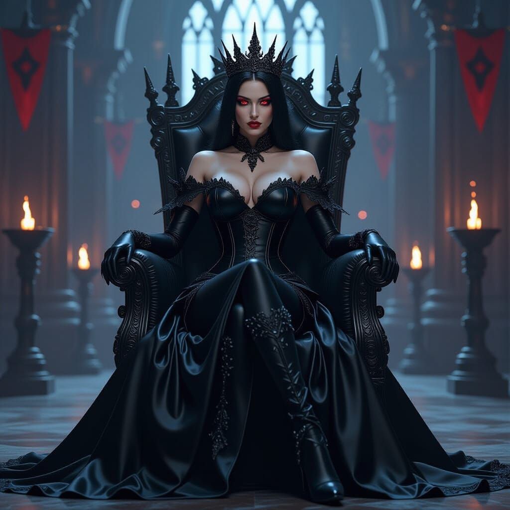 Powerful Black Queen on Obsidian Throne in Dark Fantasy Styl...
